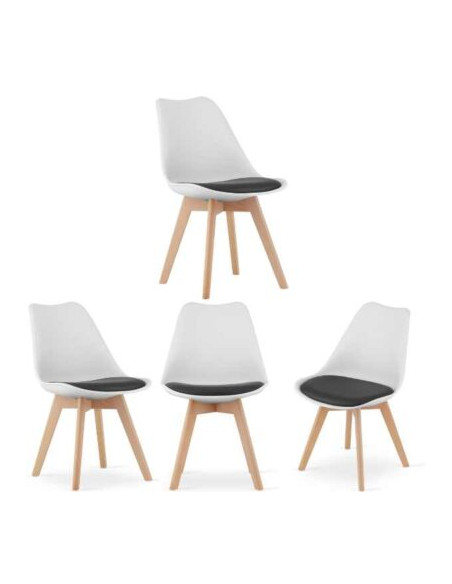 Set 4 Scaune Stil Scandinav, cu Picioare din Lemn de Fag, Sezut din PP si Perna din Piele Ecologica, 49 x 43 x 82 cm, Alb