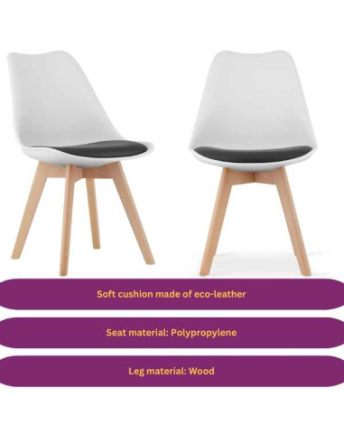 Set 4 Scaune Stil Scandinav, cu Picioare din Lemn de Fag, Sezut din PP si Perna din Piele Ecologica, 49 x 43 x 82 cm, Alb
