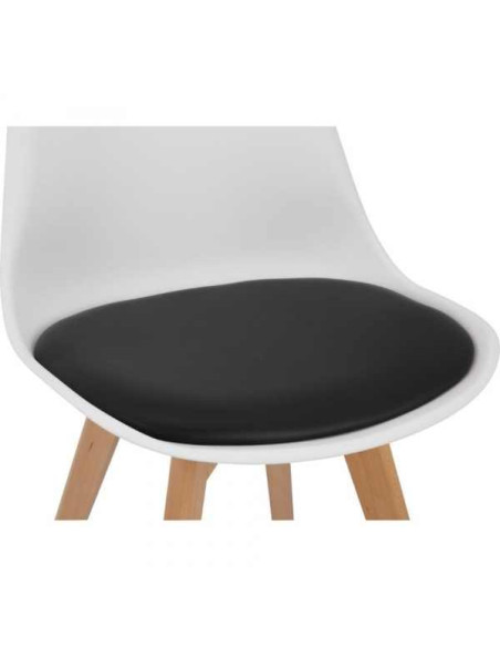 Set 4 Scaune Stil Scandinav, cu Picioare din Lemn de Fag, Sezut din PP si Perna din Piele Ecologica, 49 x 43 x 82 cm, Alb