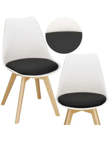 Set 4 Scaune Stil Scandinav, cu Picioare din Lemn de Fag, Sezut din PP si Perna din Piele Ecologica, 49 x 43 x 82 cm, Alb