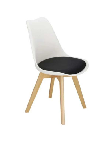 Set 4 Scaune Stil Scandinav, cu Picioare din Lemn de Fag, Sezut din PP si Perna din Piele Ecologica, 49 x 43 x 82 cm, Alb