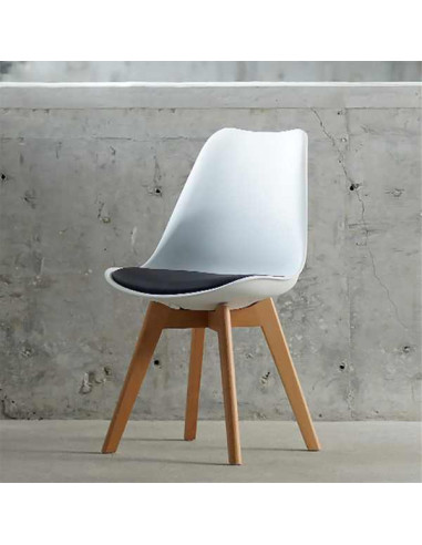 Set 4 Scaune Stil Scandinav, cu Picioare din Lemn de Fag, Sezut din PP si Perna din Piele Ecologica, 49 x 43 x 82 cm, Alb