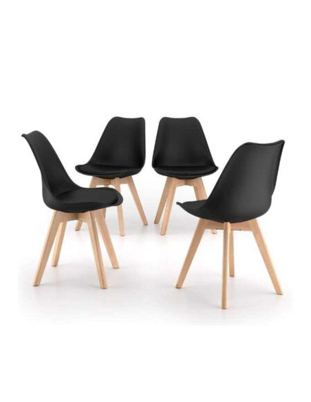 Set 4 Scaune Stil Scandinav, cu Picioare din Lemn de Fag, Sezut din PP si Perna din Piele Ecologica, 49 x 43 x 82 cm, Negru