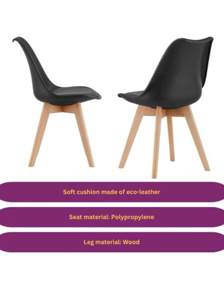 Set 4 Scaune Stil Scandinav, cu Picioare din Lemn de Fag, Sezut din PP si Perna din Piele Ecologica, 49 x 43 x 82 cm, Negru