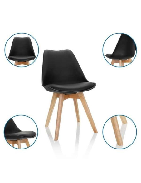 Set 4 Scaune Stil Scandinav, cu Picioare din Lemn de Fag, Sezut din PP si Perna din Piele Ecologica, 49 x 43 x 82 cm, Negru