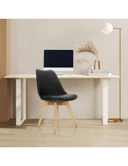 Set 4 Scaune Stil Scandinav, cu Picioare din Lemn de Fag, Sezut din PP si Perna din Piele Ecologica, 49 x 43 x 82 cm, Negru