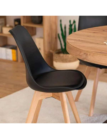 Set 4 Scaune Stil Scandinav, cu Picioare din Lemn de Fag, Sezut din PP si Perna din Piele Ecologica, 49 x 43 x 82 cm, Negru