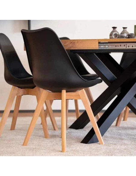 Set 4 Scaune Stil Scandinav, cu Picioare din Lemn de Fag, Sezut din PP si Perna din Piele Ecologica, 49 x 43 x 82 cm, Negru