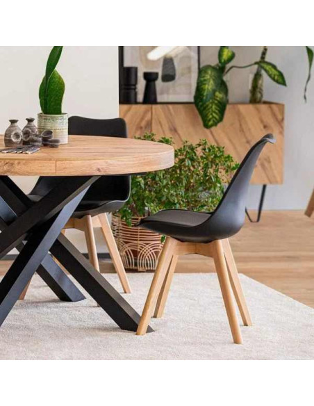 Set 4 Scaune Stil Scandinav, cu Picioare din Lemn de Fag, Sezut din PP si Perna din Piele Ecologica, 49 x 43 x 82 cm, Negru