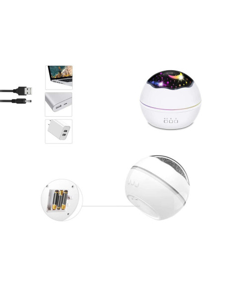 Lampa de noptiera cu proiector, Verk Group, pentru copii, cupola rotativa, 2 moduri, diferite culori, 4xAAA, incarcare USB, 12x1