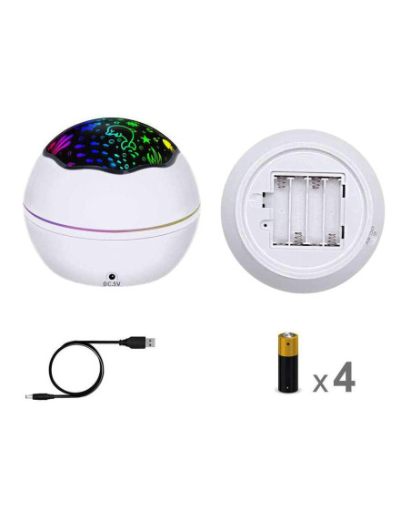 Lampa de noptiera cu proiector, Verk Group, pentru copii, cupola rotativa, 2 moduri, diferite culori, 4xAAA, incarcare USB, 12x1