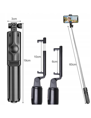 Selfie stick, trepied, Izoxis, telescopic, cu telecomanda, bluetooth, 60 cm