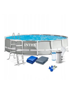Piscina structura metalica, rotunda, cu filtru, pompa, scara, prelata acoperire, gri, 457x107 cm, Intex Prism Frame