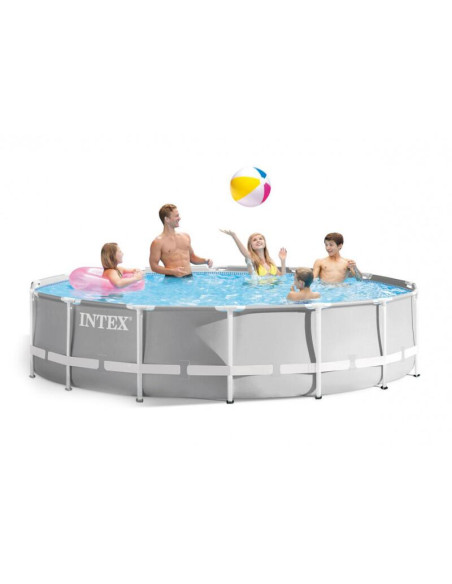 Piscina structura metalica, rotunda, cu filtru, pompa, scara, prelata acoperire, gri, 457x107 cm, Intex Prism Frame