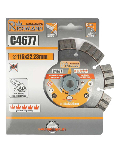 Disc diamantat segmentat, beton armat, caramida, taiere uscata, 115 mm/22.23 mm, Richmann Exclusive