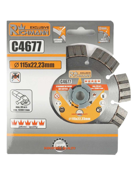 Disc diamantat segmentat, beton armat, caramida, taiere uscata, 115 mm/22.23 mm, Richmann Exclusive