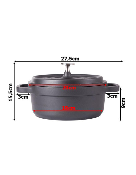 Oala de aluminiu cu capac, negru, 2.2 L, 20 cm, Verk Group