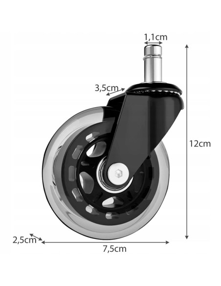 Roti pentru scaun birou, cauciuc, metal, 5 buc, diametru 7.5 cm, 12x3.5x1.1 cm, Malatec
