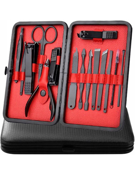 Set accesorii pentru ingrijirea fetei si a unghiilor, manichiura, pedichiura, Soulima, cu unghere, pile, foarfeca, 15 piese