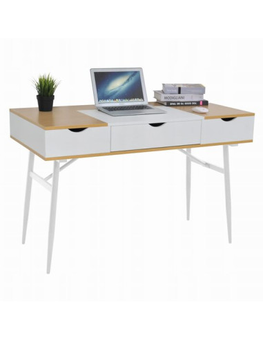 Birou calculator, Jumi, placa MDF, otel, cu sertar, compartimente interioare, alb si natur, 120x60x77 cm