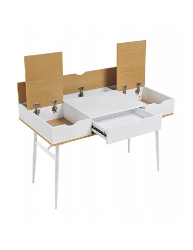 Birou calculator, Jumi, placa MDF, otel, cu sertar, compartimente interioare, alb si natur, 120x60x77 cm