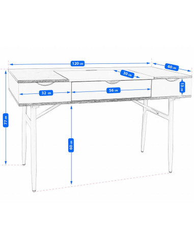 Birou calculator, Jumi, placa MDF, otel, cu sertar, compartimente interioare, alb si natur, 120x60x77 cm