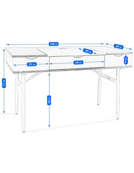Birou calculator, Jumi, placa MDF, otel, cu sertar, compartimente interioare, alb si natur, 120x60x77 cm