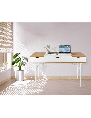 Birou calculator, Jumi, placa MDF, otel, cu sertar, compartimente interioare, alb si natur, 120x60x77 cm