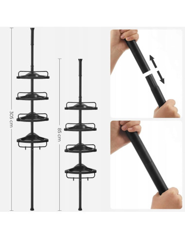 Raft pentru baie/dus, de colt, Artool, reglabil, otel si PP, 4 rafturi, negru, 85-305 cm