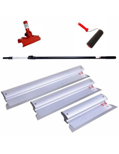 Set 3 gletiere profesionale, aluminiu, lama inox, 40, 60, 80 cm, suport, maner telescopic 1.2-2.2 m, rola gletuit, Ergoplane