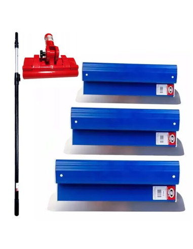 Set 3 gletiere profesionale, inox, 25, 40, 60 cm, suport, maner telescopic 1.2-2.2 m, Ergolite