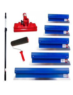 Set 5 gletiere profesionale, inox, 25, 40, 60, 80, 100 cm, suport, maner telescopic 1.2-2.2 m, rola gletuit, Ergolite