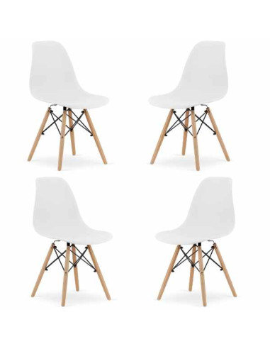 Set 4 Scaune Acerenza, Stil Scandinav cu Picioare din Lemn de Fag, Cadru Metalic, Sezut PP, Maxim 100 Kg, 40 x 50 x 77 cm, Alb