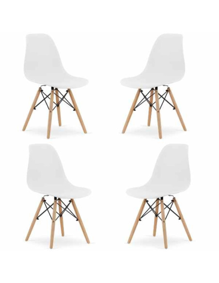 Set 4 Scaune Acerenza, Stil Scandinav cu Picioare din Lemn de Fag, Cadru Metalic, Sezut PP, Maxim 100 Kg, 40 x 50 x 77 cm, Alb