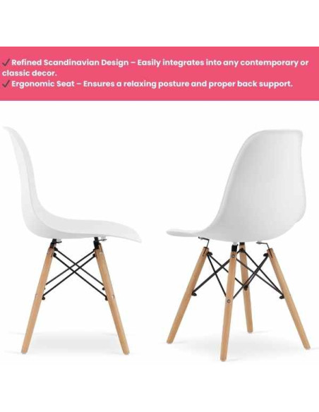 Set 4 Scaune Acerenza, Stil Scandinav cu Picioare din Lemn de Fag, Cadru Metalic, Sezut PP, Maxim 100 Kg, 40 x 50 x 77 cm, Alb