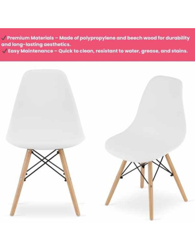 Set 4 Scaune Acerenza, Stil Scandinav cu Picioare din Lemn de Fag, Cadru Metalic, Sezut PP, Maxim 100 Kg, 40 x 50 x 77 cm, Alb