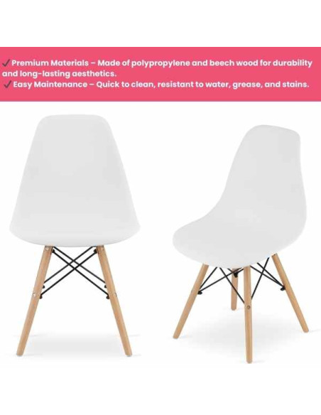 Set 4 Scaune Acerenza, Stil Scandinav cu Picioare din Lemn de Fag, Cadru Metalic, Sezut PP, Maxim 100 Kg, 40 x 50 x 77 cm, Alb