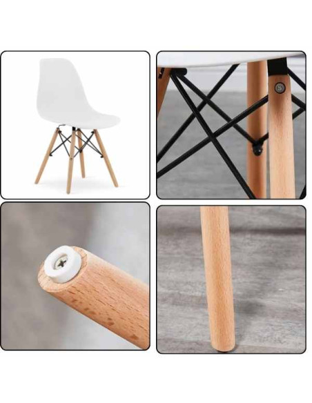 Set 4 Scaune Acerenza, Stil Scandinav cu Picioare din Lemn de Fag, Cadru Metalic, Sezut PP, Maxim 100 Kg, 40 x 50 x 77 cm, Alb