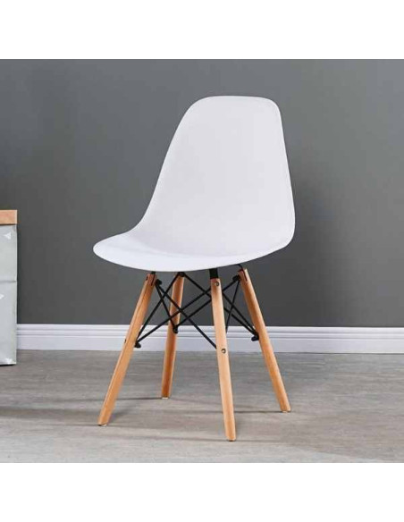 Set 4 Scaune Acerenza, Stil Scandinav cu Picioare din Lemn de Fag, Cadru Metalic, Sezut PP, Maxim 100 Kg, 40 x 50 x 77 cm, Alb