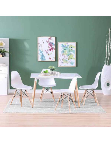 Set 4 Scaune Acerenza, Stil Scandinav cu Picioare din Lemn de Fag, Cadru Metalic, Sezut PP, Maxim 100 Kg, 40 x 50 x 77 cm, Alb