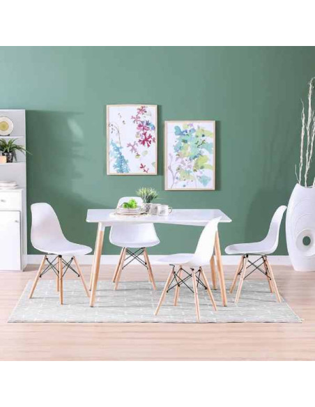Set 4 Scaune Acerenza, Stil Scandinav cu Picioare din Lemn de Fag, Cadru Metalic, Sezut PP, Maxim 100 Kg, 40 x 50 x 77 cm, Alb