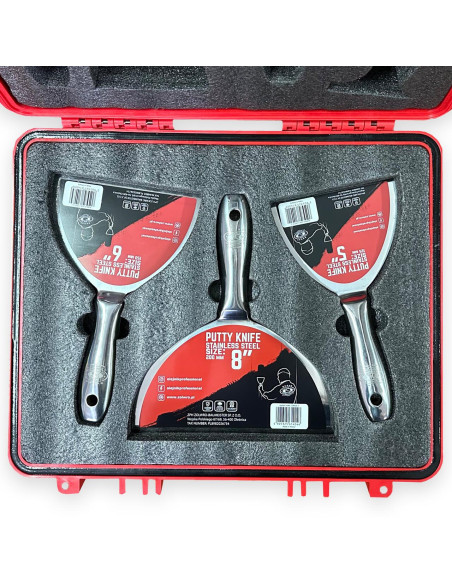 Spacluri inox profesionale, monobloc, set 5 buc, cu razuitor, spatula multifunctionala, geanta, Olejnik