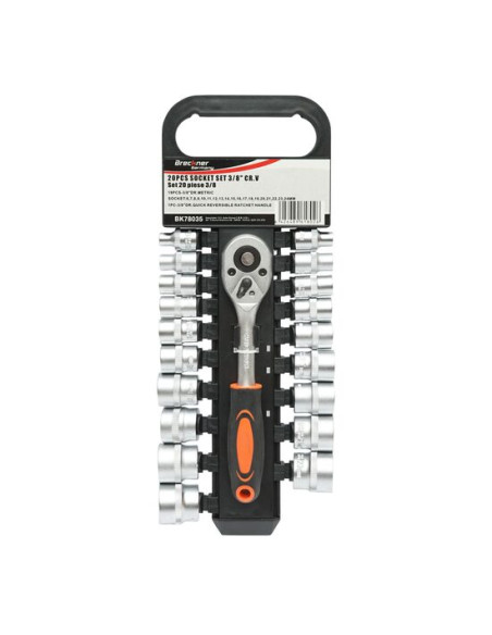 Trusa chei tubulare, 3/8", metrice Cr-V, cu clichet reversibil, 20 piese, Breckner Germany