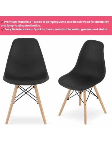 Set 2 Scaune Acerenza, Stil Scandinav cu Picioare din Lemn de Fag, Cadru Metalic, Sezut PP, Maxim 100 Kg, 40 x 50 x 77 cm, Negru