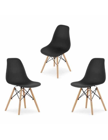 Set 3 Scaune Acerenza, Stil Scandinav cu Picioare din Lemn de Fag, Cadru Metalic, Sezut PP, Maxim 100 Kg, 40 x 50 x 77 cm, Negru