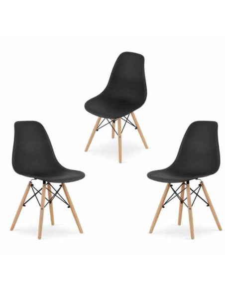 Set 3 Scaune Acerenza, Stil Scandinav cu Picioare din Lemn de Fag, Cadru Metalic, Sezut PP, Maxim 100 Kg, 40 x 50 x 77 cm, Negru