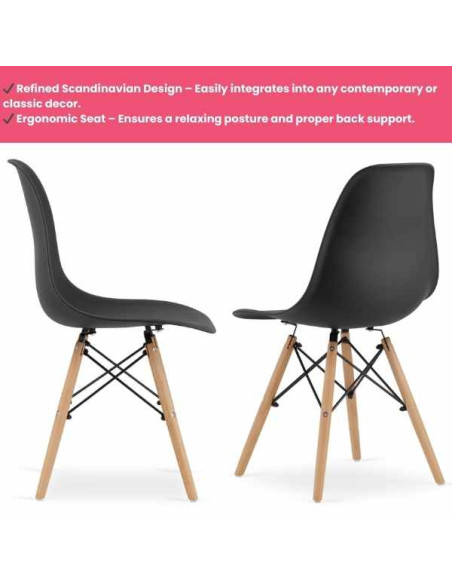 Set 3 Scaune Acerenza, Stil Scandinav cu Picioare din Lemn de Fag, Cadru Metalic, Sezut PP, Maxim 100 Kg, 40 x 50 x 77 cm, Negru