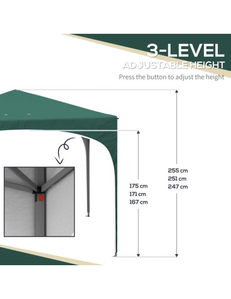 Pavilion pentru gradina/terasa, cadru metalic, material Oxford, cu tarusi, corzi ancorare, geanta, reglabil, verde, 2.95x2.95x2.