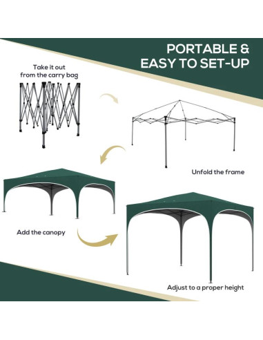 Pavilion pentru gradina/terasa, cadru metalic, material Oxford, cu tarusi, corzi ancorare, geanta, reglabil, verde, 2.95x2.95x2.
