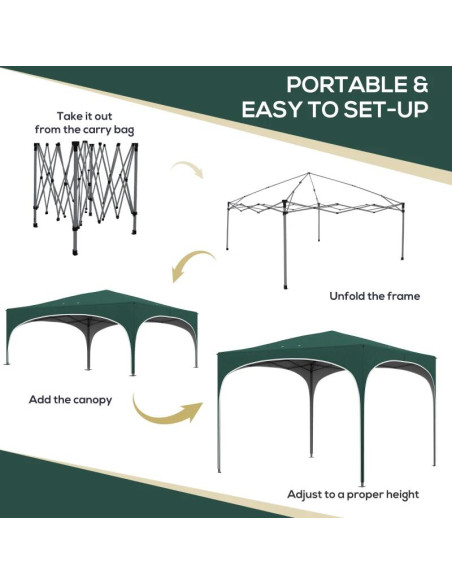 Pavilion pentru gradina/terasa, cadru metalic, material Oxford, cu tarusi, corzi ancorare, geanta, reglabil, verde, 2.95x2.95x2.